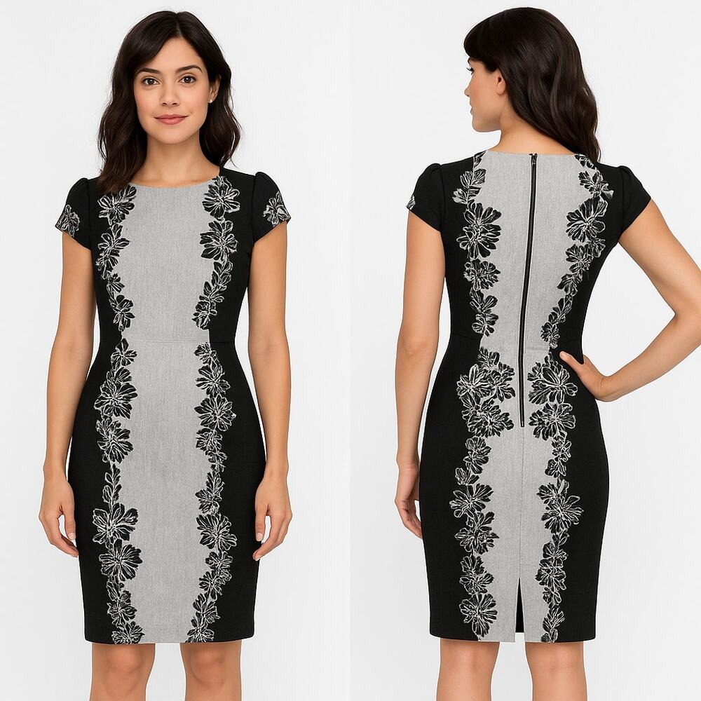 Betsey Johnson Black Gray Floral Jacquard Bodycon Pencil Dress Size 8